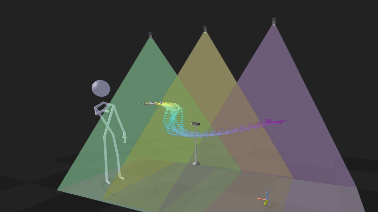 A technical rendering of a drone testbed showing a drone approaching a person